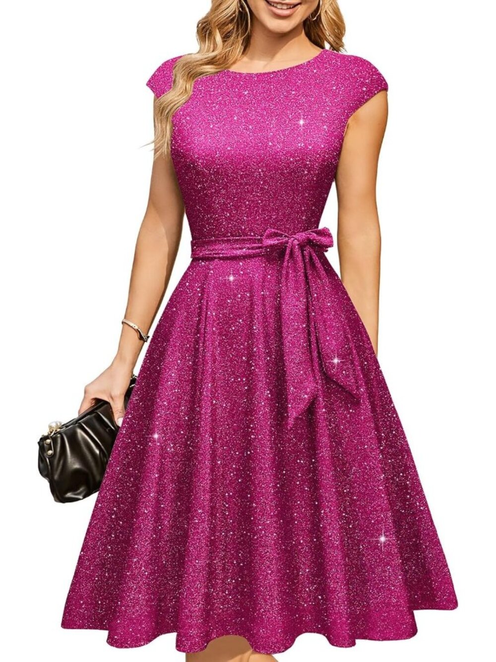 Women's Glitter Fuschia A-line Detachable Belt Formal Wedding Guest Party Dress
